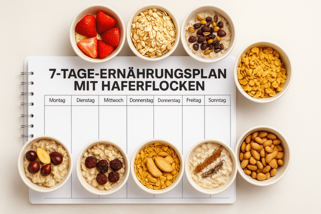 Sieben Schüsseln mit verschiedenen Haferflockengerichten, angeordnet um einen Wochenplan – ideal für einen 7-Tage-Abnehmplan mit Hafer