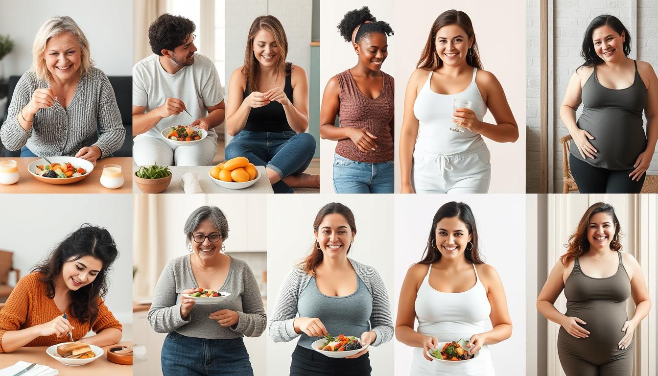 Collage mit verschiedenen Menschen, die achtsam und intuitiv essen – Frauen und Männer unterschiedlicher Altersgruppen und Körperformen genießen gesunde Mahlzeiten mit Freude und Gelassenheit