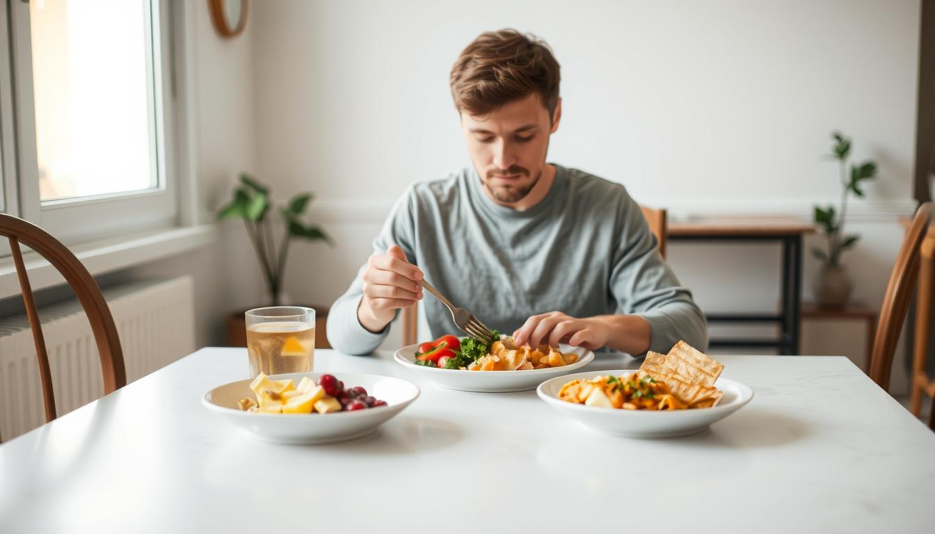 Junger Mann sitzt ruhig am Tisch und isst konzentriert eine ausgewogene Mahlzeit mit Gemüse, Pasta, Obst und einem Getränk – keine Ablenkung durch Smartphone oder Bildschirm