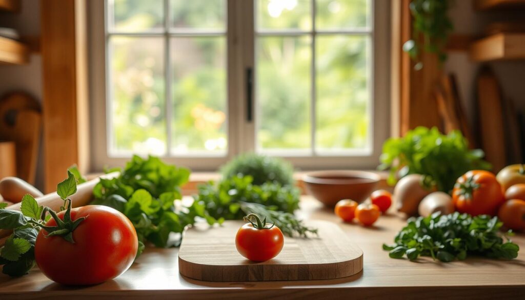 Tomaten und frisches Gemüse auf einer Küchenarbeitsfläche vor einem Fenster – Symbolbild für intuitives und gesundes Essen