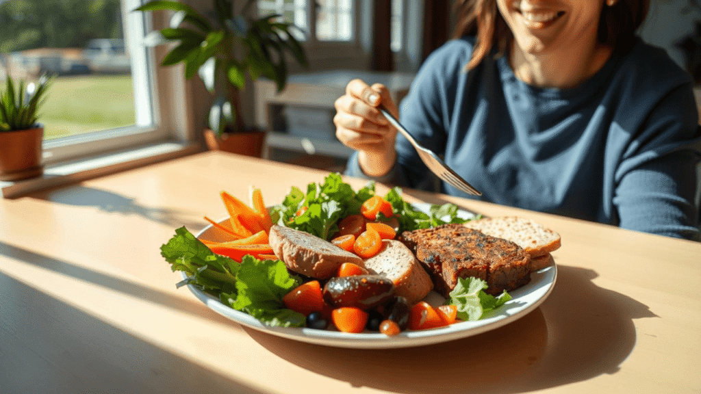 Frau genießt eine ausgewogene Mahlzeit mit frischem Gemüse, Vollkornbrot und veganem Bratling bei Tageslicht am Tisch