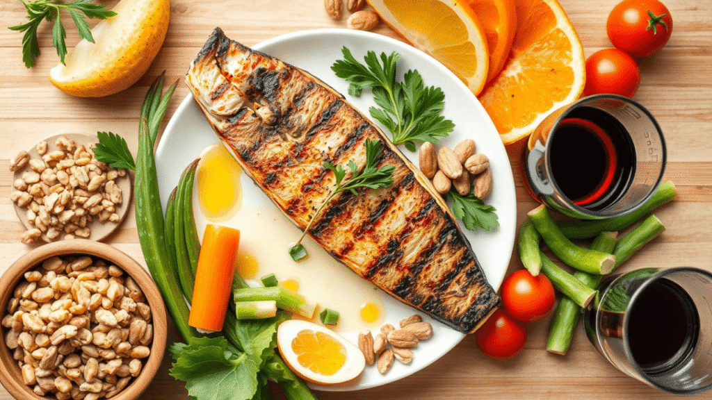 Gegrillter Fisch mit Gemüse, Nüssen, Orangen und Rotwein – gesunde, mediterrane Mahlzeit als Symbol für ausgewogene Ernährung