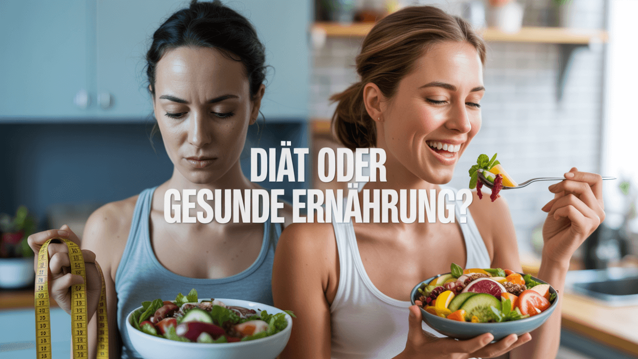 Frau beim Vergleich von Diät und gesunder Ernährung – links frustriert mit Diät, rechts glücklich mit ausgewogener Mahlzeit