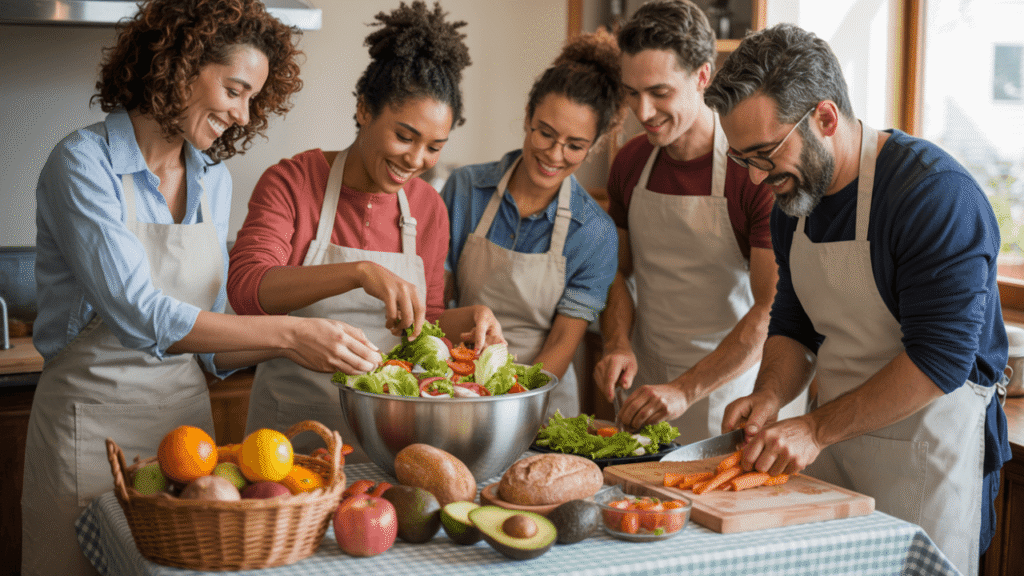 Gruppe von fünf Erwachsenen bereitet gemeinsam gesunde Mahlzeiten zu – frisches Gemüse, Salat und Vollkornbrot auf dem Tisch