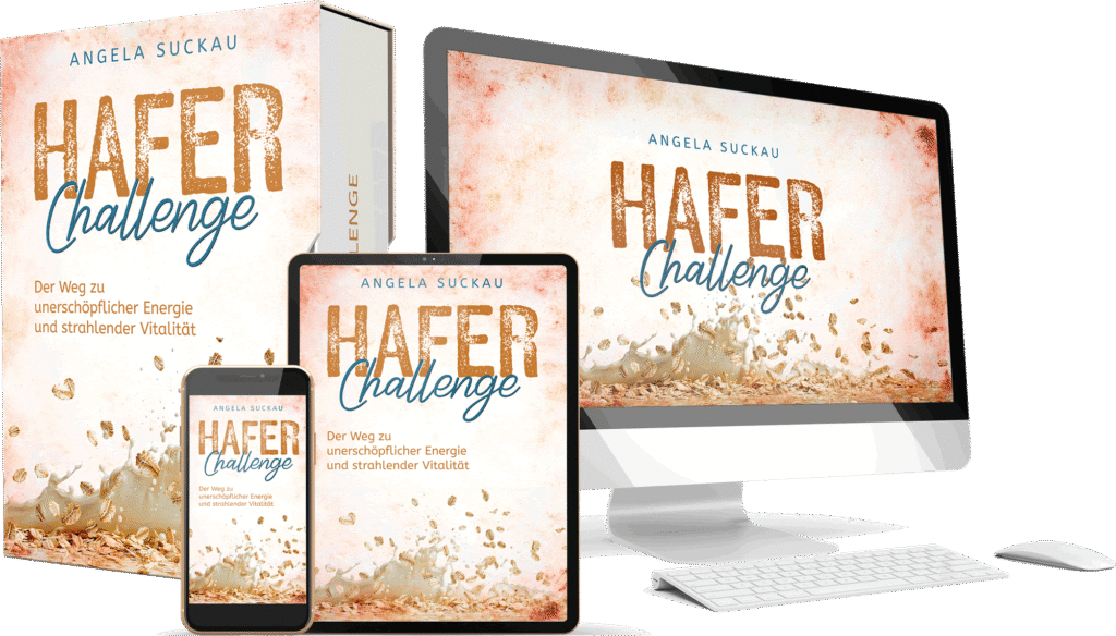 Digitale Darstellung der Hafer Challenge auf Buch, Smartphone und Tablet – 5-Tage-Programm zum Abnehmen mit Hafer und mehr Energie im Alltag