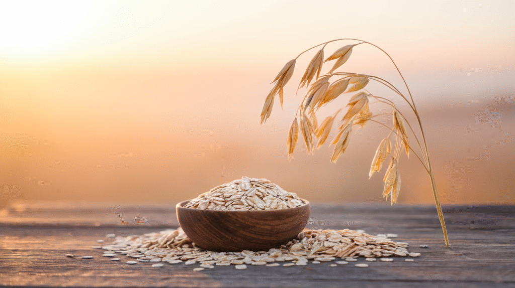 Holzschale mit Haferflocken und Haferähre auf Holztisch im Sonnenaufgang – Symbol für natürliche, gesunde Ernährung mit Hafer