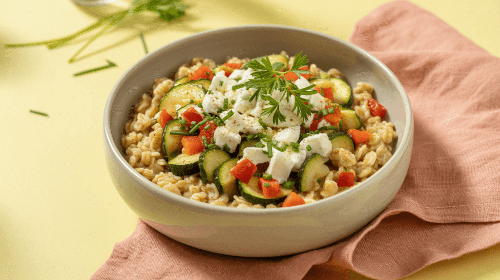 würziges Gericht mit Haferflocken Schale mit herzhaftem Haferflockengericht, belegt mit Zucchini, Paprikawürfeln, Feta und frischen Kräutern – gesundes und ballaststoffreiches Mittagessen