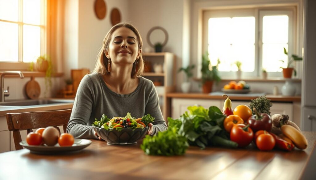 Junge Frau genießt bewusst einen frischen Salat in heller Küche – Symbolbild für intuitives Essen und achtsame Ernährung
