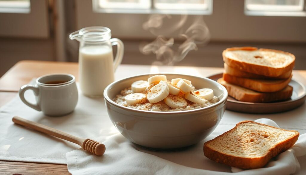 Haferflocken Frühstück Warmer Porridge mit Bananenscheiben und Zimt in einer Schale, serviert mit Toast, Milch und Tee – gesundes Haferflockenfrühstück