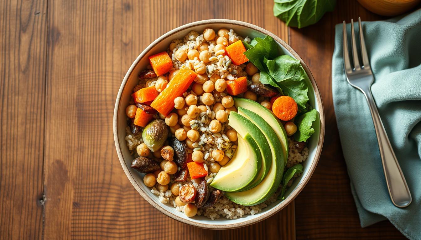 Bunte Clean Eating Bowl mit Quinoa, geröstetem Gemüse, Kichererbsen, frischer Avocado und Blattgrün auf Holzuntergrund – gesundes, pflanzenbasiertes Gericht.