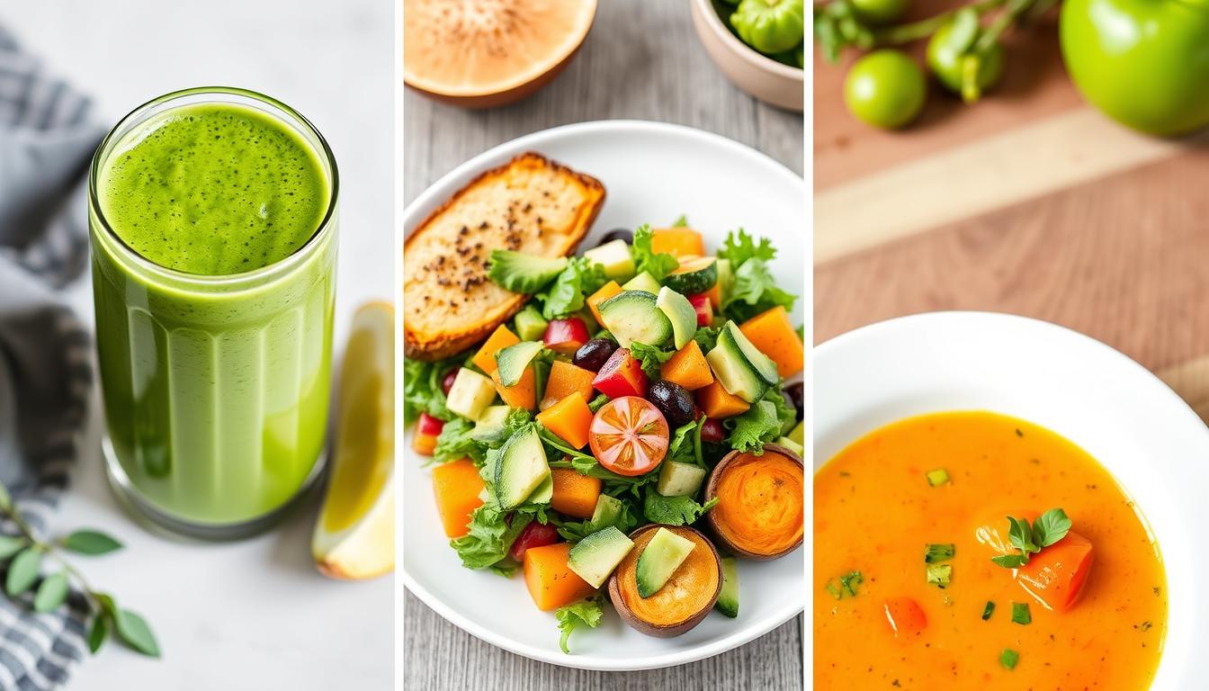 Grüner Smoothie, bunter Basensalat und Gemüsesuppe als basische Mahlzeiten für einen Fastentag