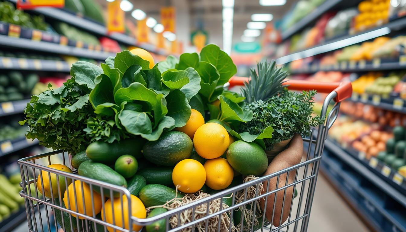 Einkaufswagen mit frischem Gemüse und basischen Lebensmitteln