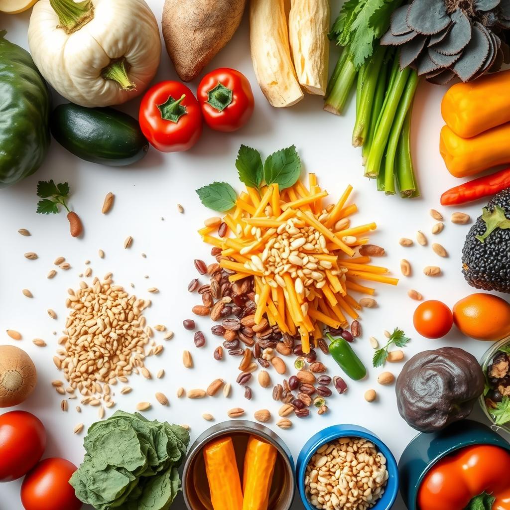 Frische, unverarbeitete Lebensmittel wie Gemüse, Vollkornprodukte und Hülsenfrüchte für Clean Eating 2.0