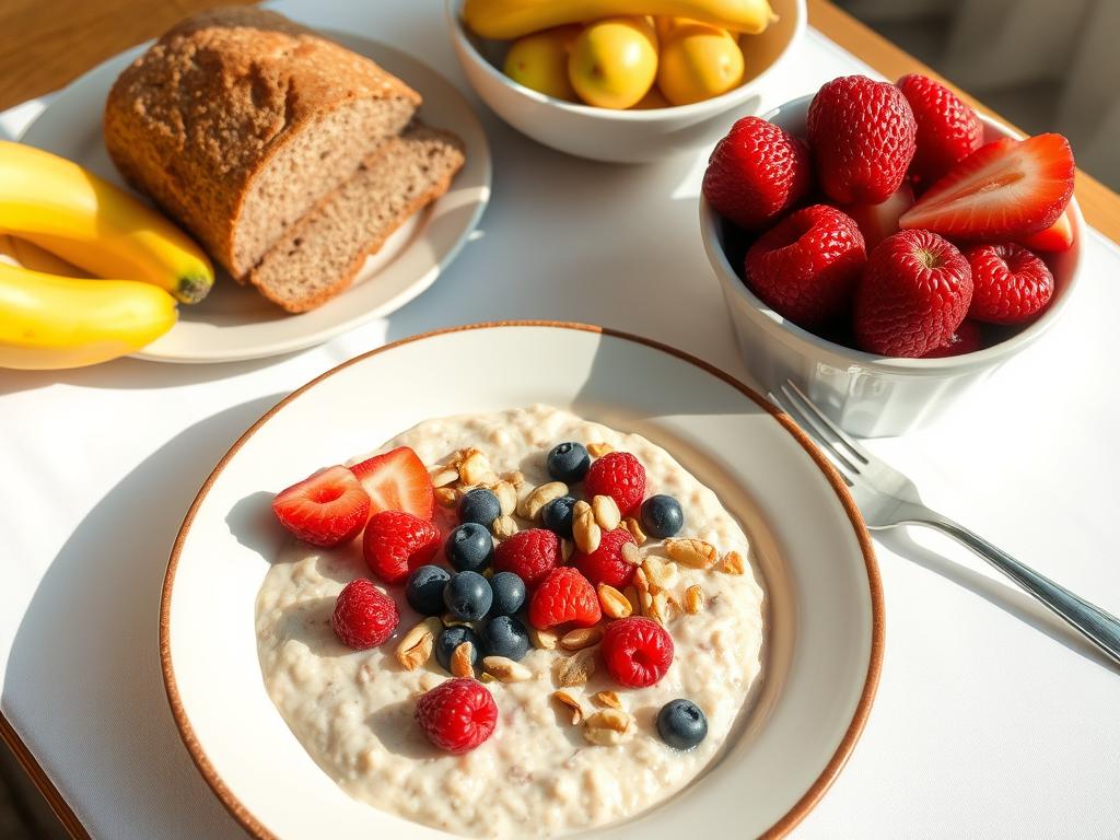 Ballaststoffreiches Frühstück mit Haferflocken und Beeren Ballaststoffreiches Frühstück mit Haferflocken, Beeren und Nüssen