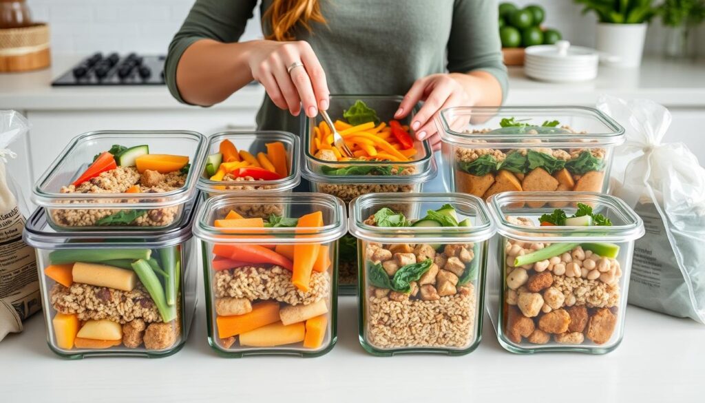 Person beim Meal Prep für Clean Eating 2.0 mit verschiedenen Behältern und frischen Zutaten