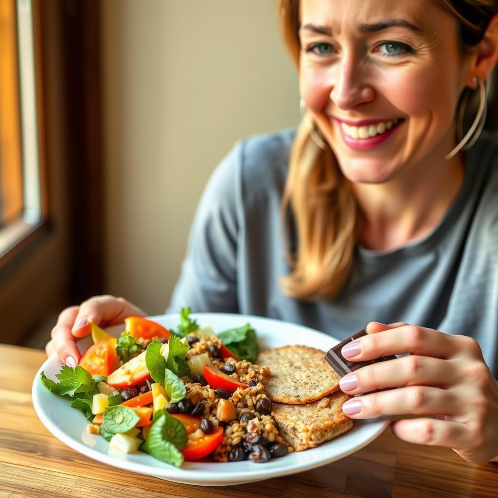 Person genießt ein ausgewogenes Clean Eating 2.0 Gericht mit einem Stück Schokolade als Nachtisch