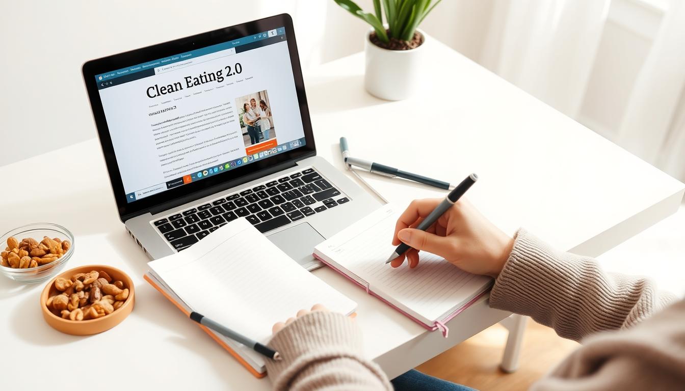 Person schreibt Notizen in ein Heft, während sie auf einem Laptop über Clean Eating 2.0 recherchiert. Daneben gesunde Snacks wie Nüsse.