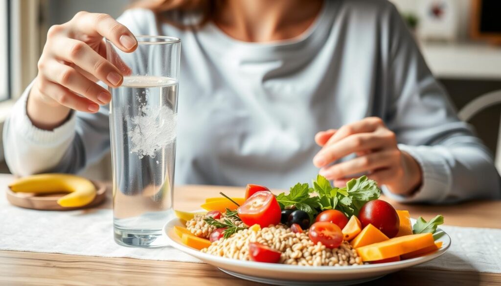Person trinkt Wasser neben ballaststoffreichen Lebensmitteln, um die Wichtigkeit der Flüssigkeitszufuhr beim Fibermaxxing zu zeigen Person trinkt Wasser neben ballaststoffreichen Lebensmitteln, um die Wichtigkeit der Flüssigkeitszufuhr beim Fibermaxxing zu zeigen
