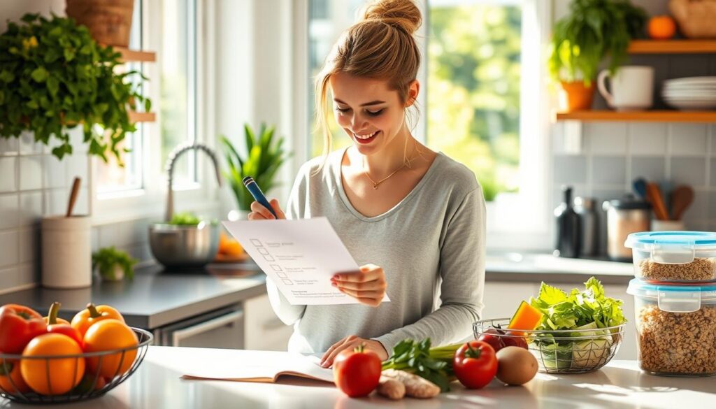 Person überprüft eine Clean Eating 2.0 Checkliste in der Küche mit frischen Lebensmitteln