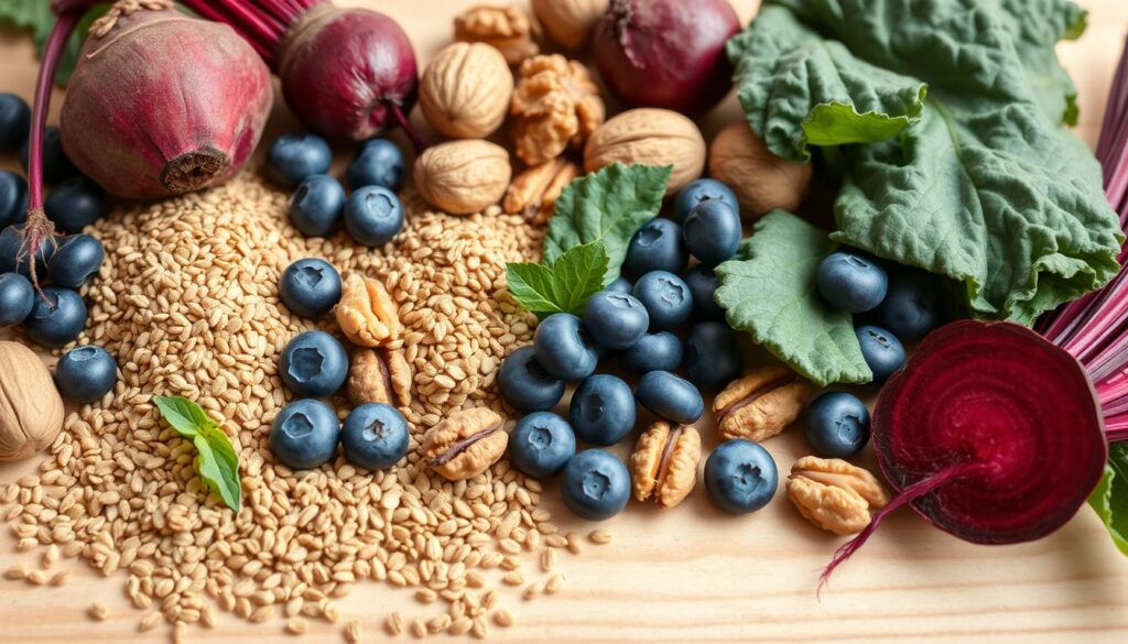 Verschiedene heimische Superfoods wie Leinsamen, Heidelbeeren und Grünkohl für Clean Eating 2.0