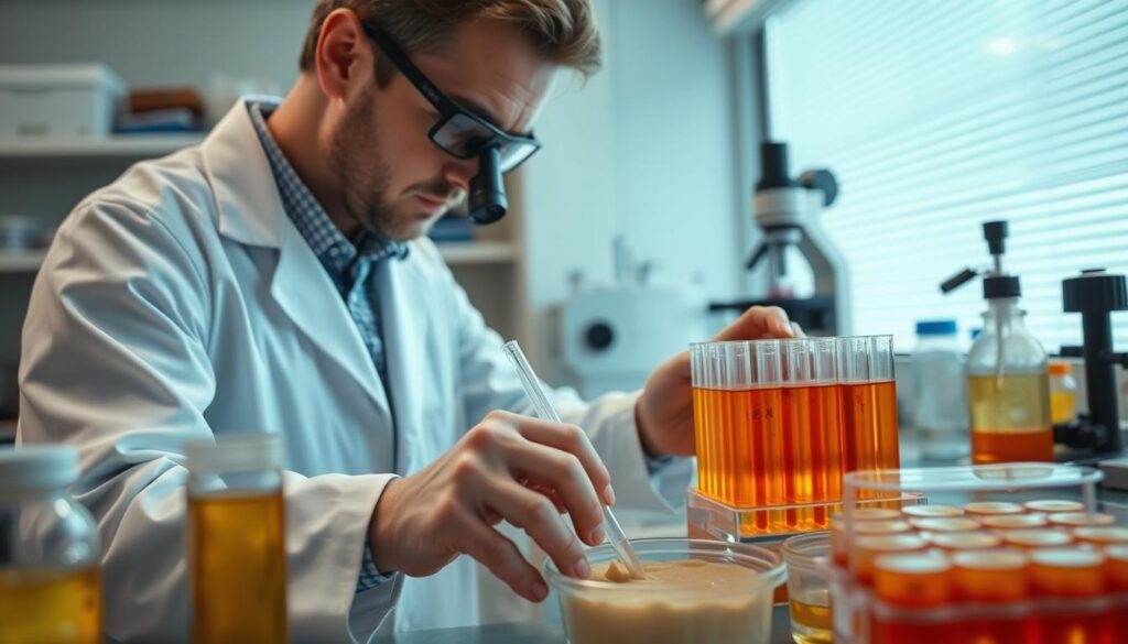 Laboruntersuchung zu den Auswirkungen von Fibermaxxing auf die Darmgesundheit Wissenschaftler im Labor untersucht Proben zur Wirkung von Fibermaxxing auf die Darmflora