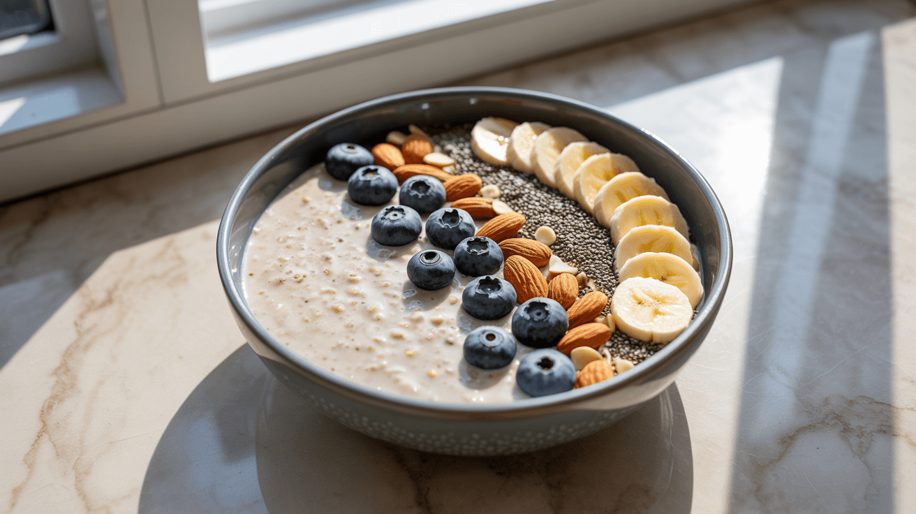 Bowl mit Overnight Oats frischen Heidelbeeren Banane Chia und Mandeln
