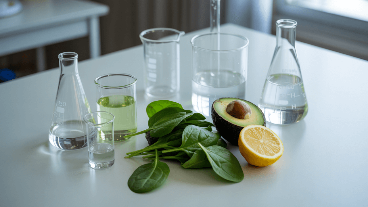 Laboraufbau mit Spinat, Avocado und Zitrone als Symbol für wissenschaftliche Untersuchung zum Basenfasten