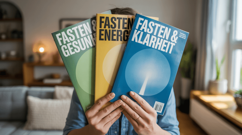 Fasten wählen Person hält Magazine mit den Titeln Fasten & Gesundheit, Fasten & Energie und Fasten & Klarheit in den Händen