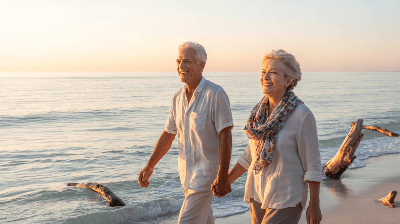 Zwei gesunde ältere Menschen beim Spaziergang am Strand bei Sonnenuntergang – Symbol für Vitalität und Lebensfreude nach einer erfolgreichen Fastenkur.