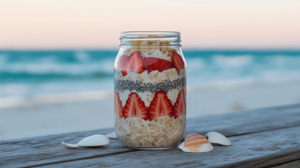 Haferfrühstück im Glas mit Erdbeeren, Chiasamen, Joghurt und Kokosflocken vor maritimer Strandkulisse
