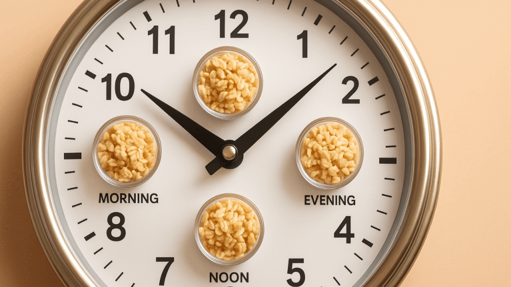 Eine analoge Uhr im Querformat mit vier kleinen Tellern voller Haferflocken anstelle von Zahlen – symbolisiert Frühstück, Mittagessen, Nachmittagssnack und Abendessen