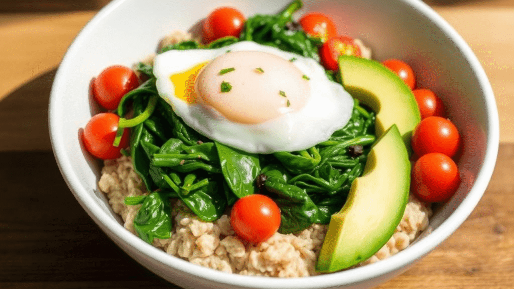 Herzhafter Haferbrei mit pochiertem Ei, frischem Spinat, Avocado und Cherrytomaten in einer weißen Schale