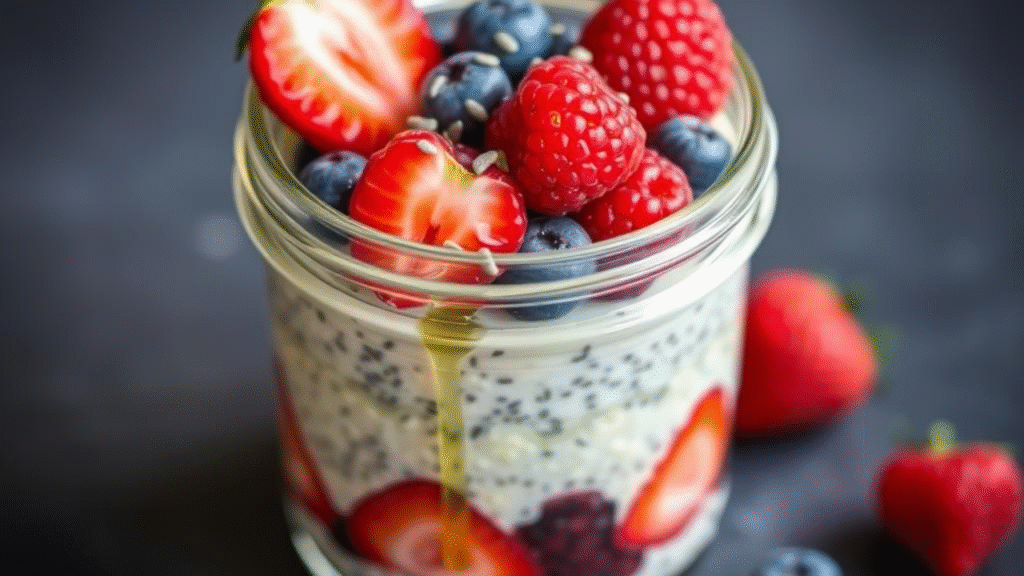 Ein Glas mit Overnight Oats, Chiasamen, frischen Beeren und einem Tropfen Honig – gesundes Frühstück für eine ausgewogene Ernährung
