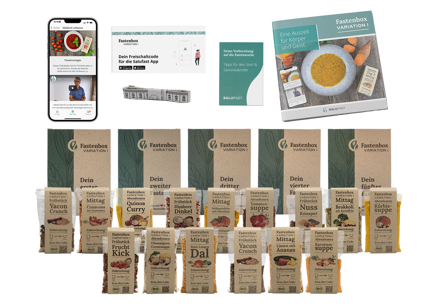 Salufast Fastenbox mit allen Produkten, App-Zugang, Anleitung und Gutscheincode