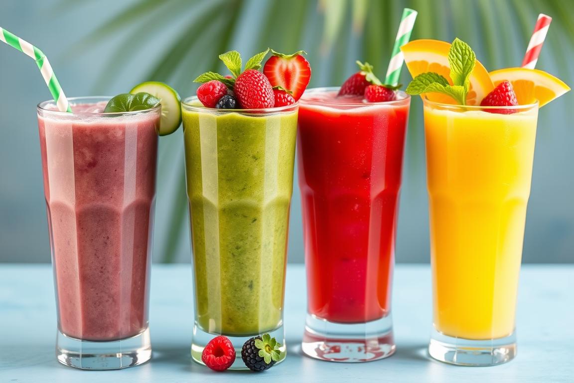 Vier bunte Sommer-Smoothies in hohen Gläsern: Beeren-, Spinat-, Erdbeer- und Mango-Smoothie mit frischen Früchten garniert.