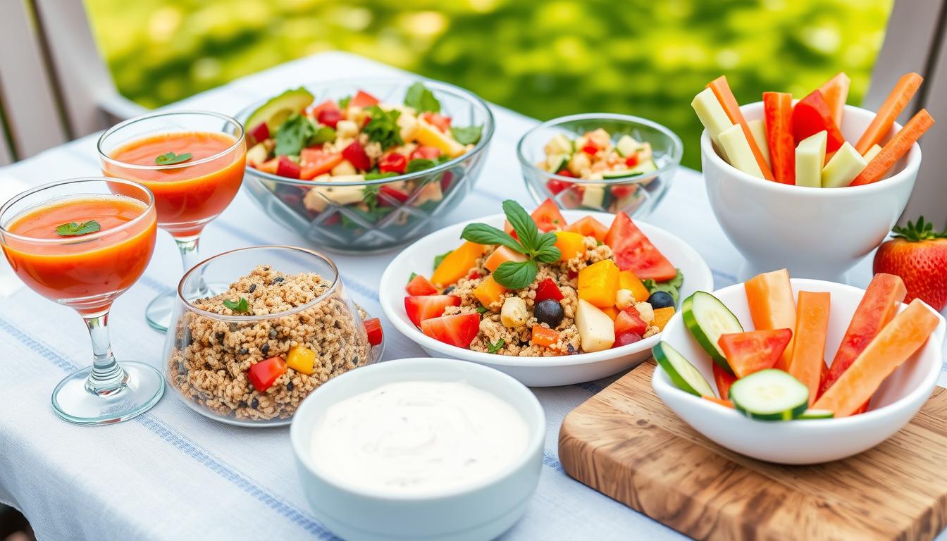 Bunte Sommergerichte mit Gemüse, Couscous, Joghurt-Dip und Gazpacho – ideal für leichte Mahlzeiten an heißen Tagen.