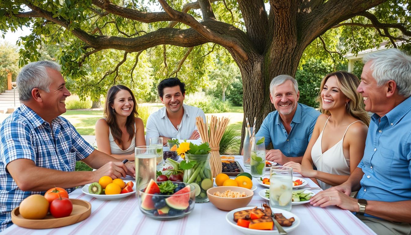 Gruppe von Menschen sitzt unter einem Baum an einem Tisch mit frischen Sommergerichten – gesunde Ernährung und Gemeinschaft im Fokus.