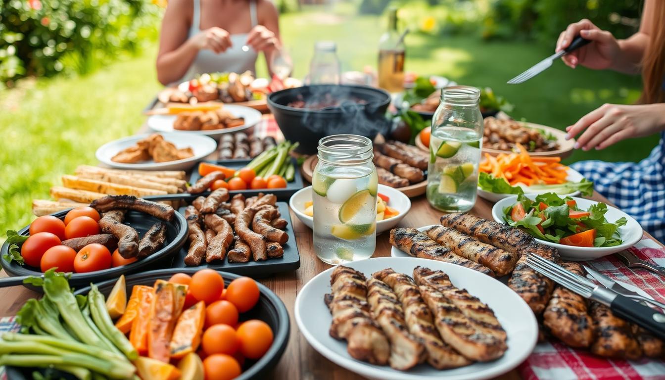 Bunt gedeckter Gartentisch mit gegrilltem Hähnchen, Gemüse, Salaten und Wasser mit Zitrone – sommerliches Grillbuffet im Freien.