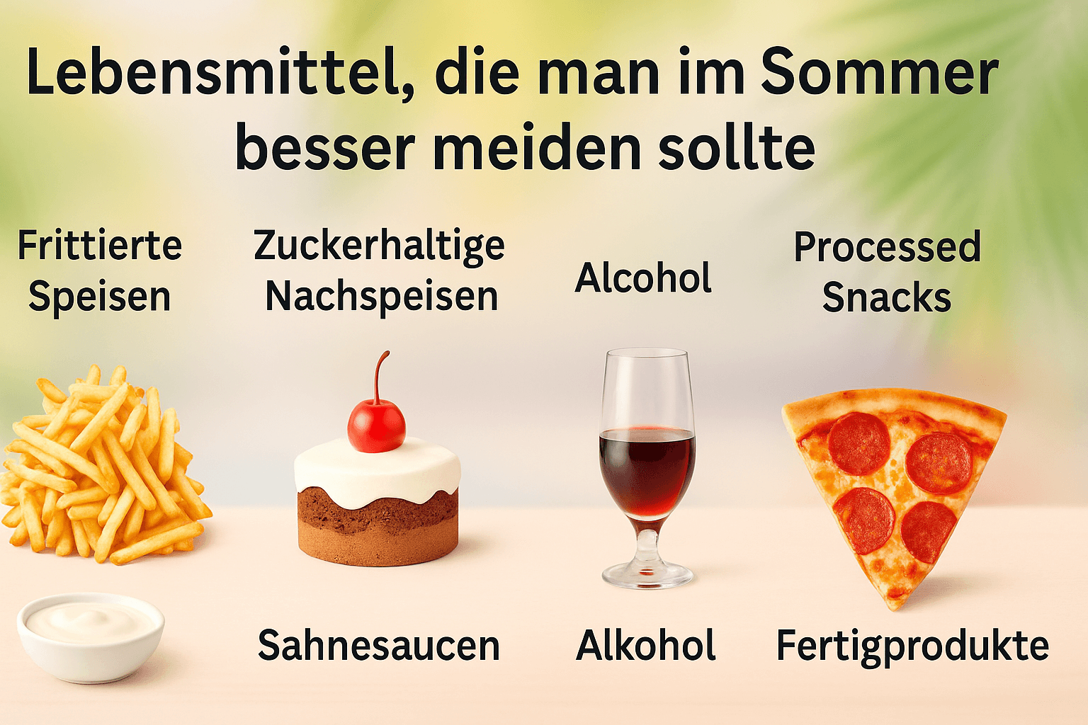 Illustration zeigt ungeeignete Lebensmittel im Sommer: frittierte, fettige und stark zuckerhaltige Speisen.
