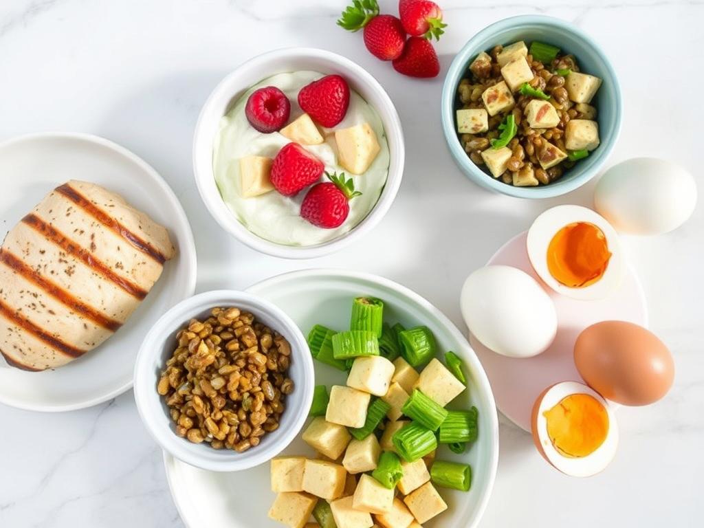 Verschiedene eiweißreiche Lebensmittel wie Hähnchenbrust, Eier, Joghurt mit Beeren und Tofu – ideal für eine leichte Sommerernährung