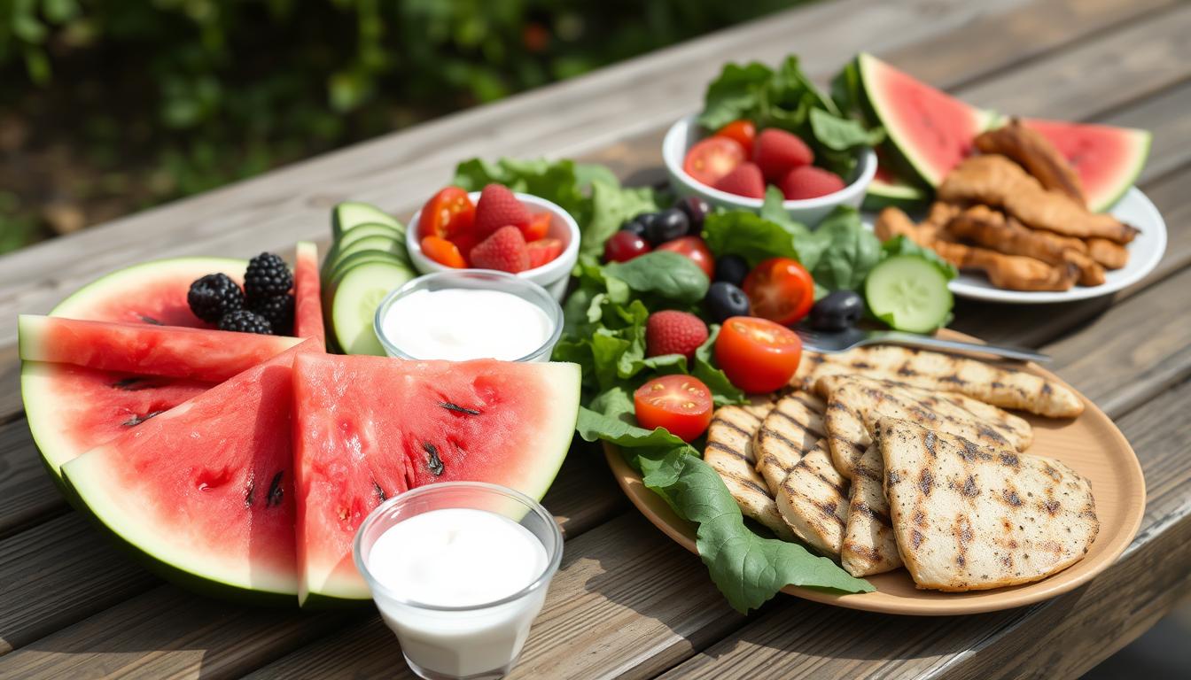 Sommerliche Mahlzeit mit Wassermelone, Joghurt, Salat, gegrilltem Hähnchen und frischen Beeren