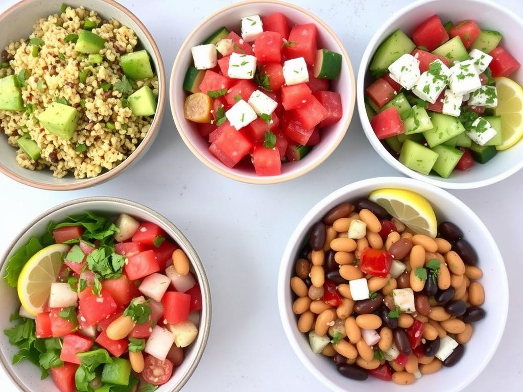 Fünf sommerliche Salate mit Wassermelone, Bohnen, Gurke, Avocado, Couscous und Feta – bunt, frisch und ideal für heiße Tage.
