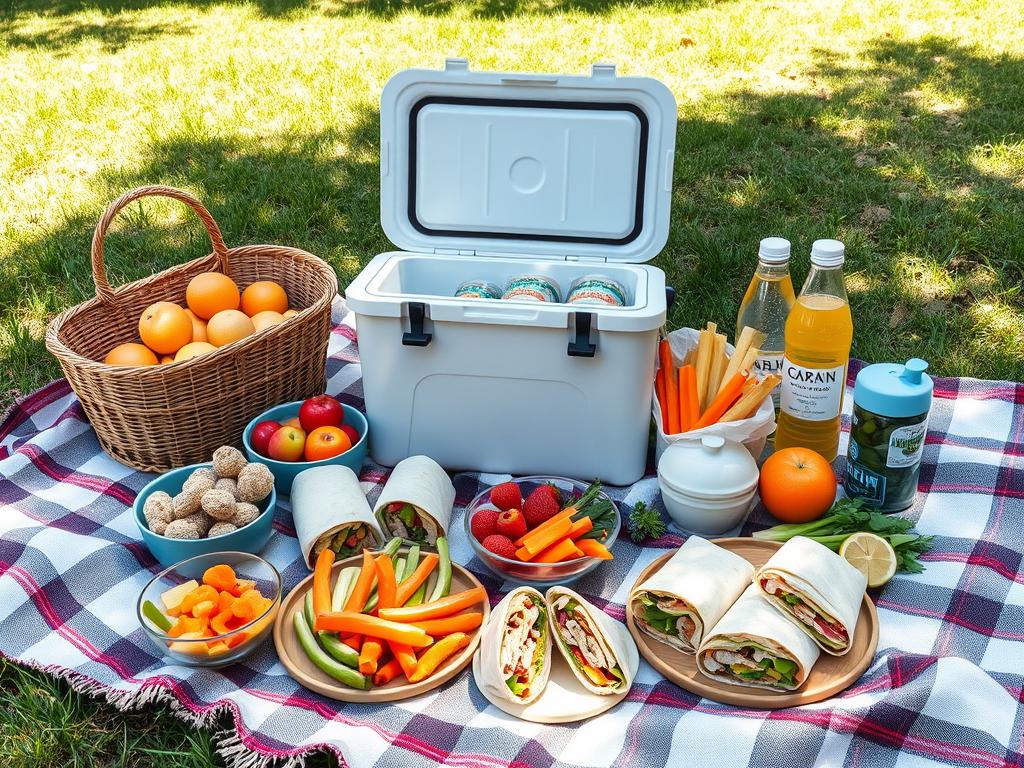 Picknickdecke mit gesunden Wraps, Rohkost, Obst, Energy Balls und Getränken im Gras – ideal für eine ausgewogene Sommermahlzeit unterwegs.