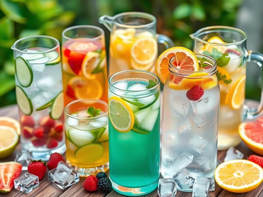 Mehrere Gläser und Karaffen mit erfrischenden Sommerdrinks aus Zitrone, Limette, Beeren und Eiswürfeln – ideale gesunde Getränke für heiße Tage.