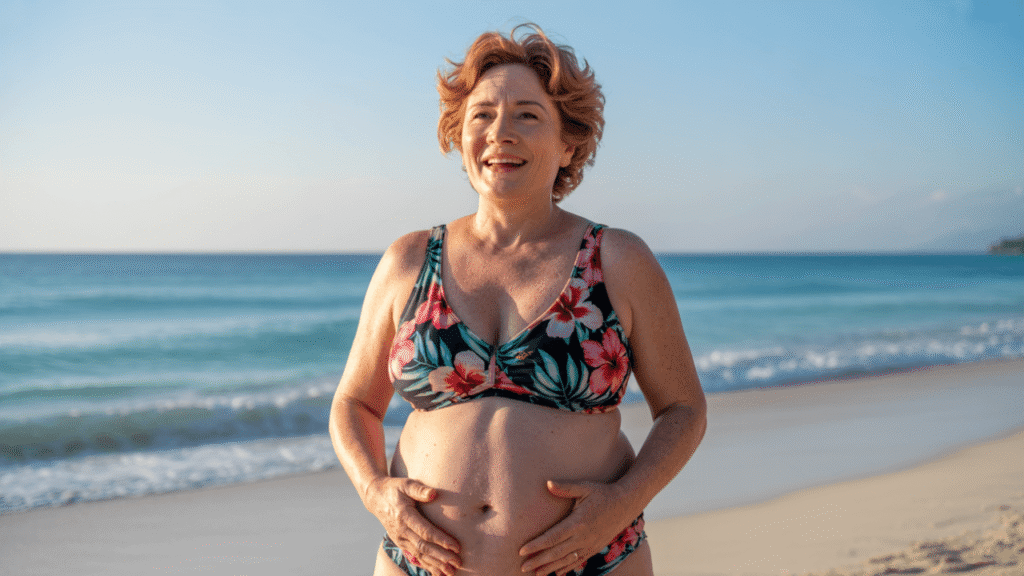 Lächelnde Frau im Bikini am Strand, die zufrieden ihre Hände auf den Bauch legt