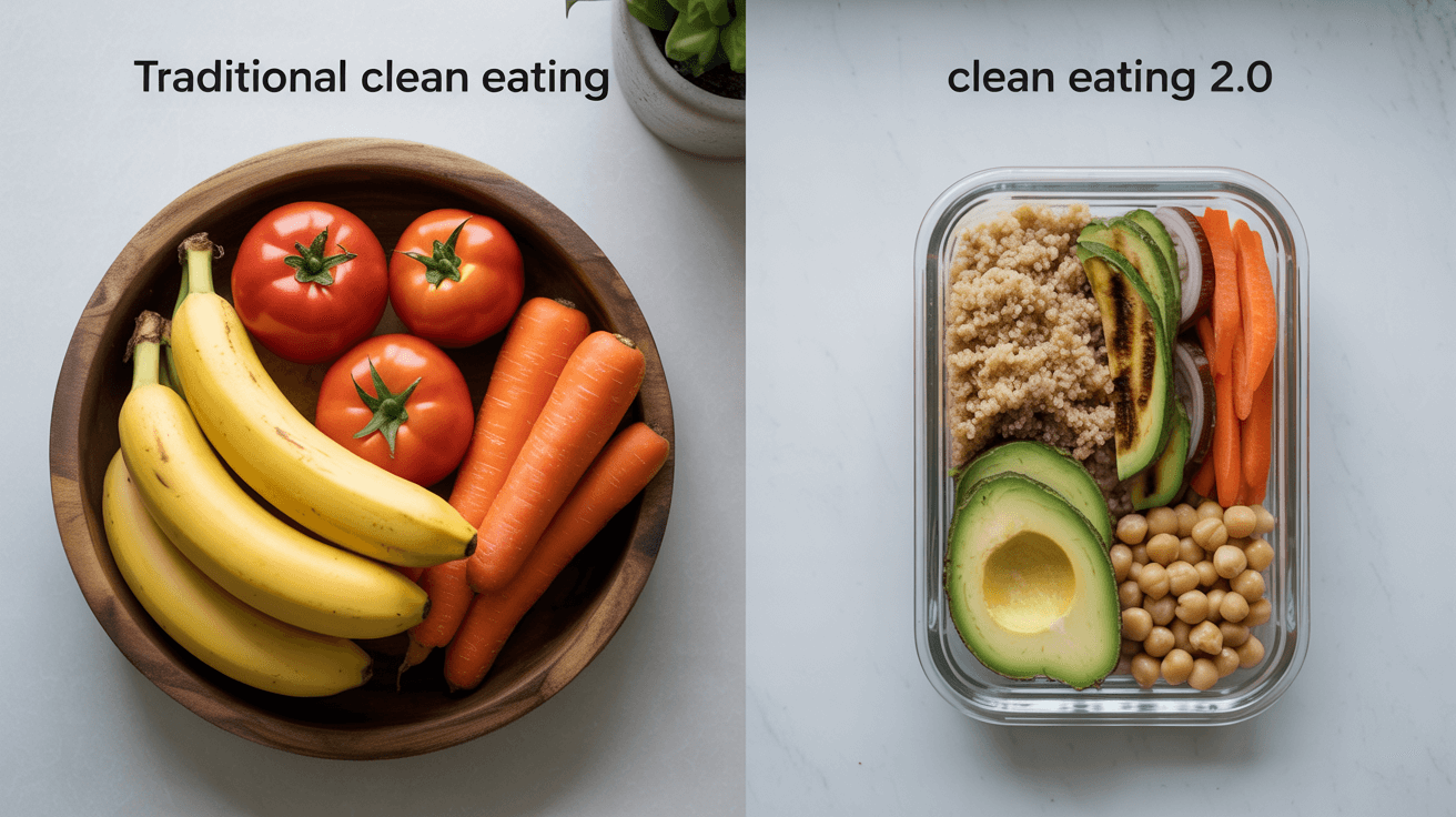 Vergleich zwischen traditionellem Clean Eating mit frischem Obst und Gemüse in einer Holzschale und modernem Clean Eating 2.0 mit Avocado, Kichererbsen, Quinoa und gegrilltem Gemüse in einer Glasbox