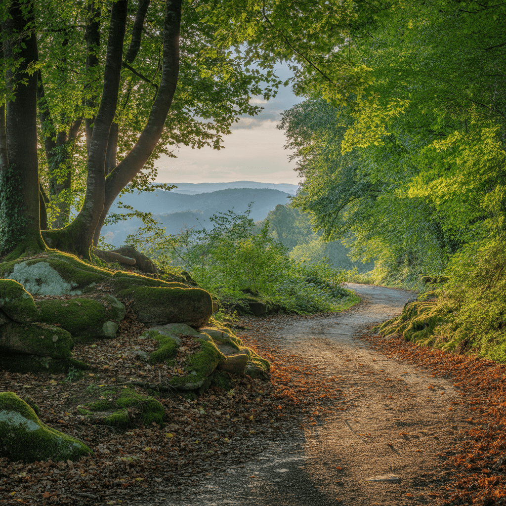 Herbstlicher Wanderweg im Wald beim Fasten
