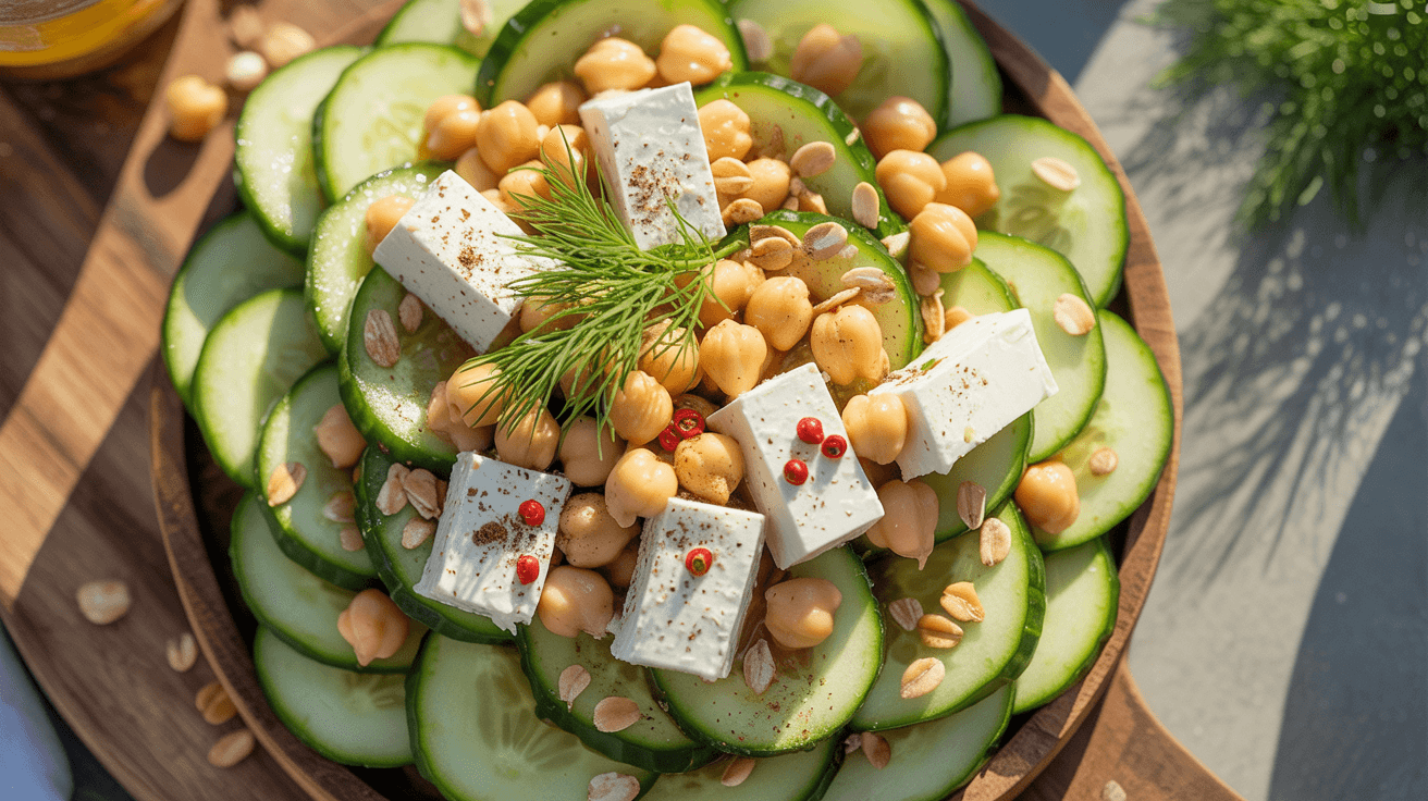 Mediterraner Gurkensalat mit Feta, Kichererbsen & gerösteten Haferflocken