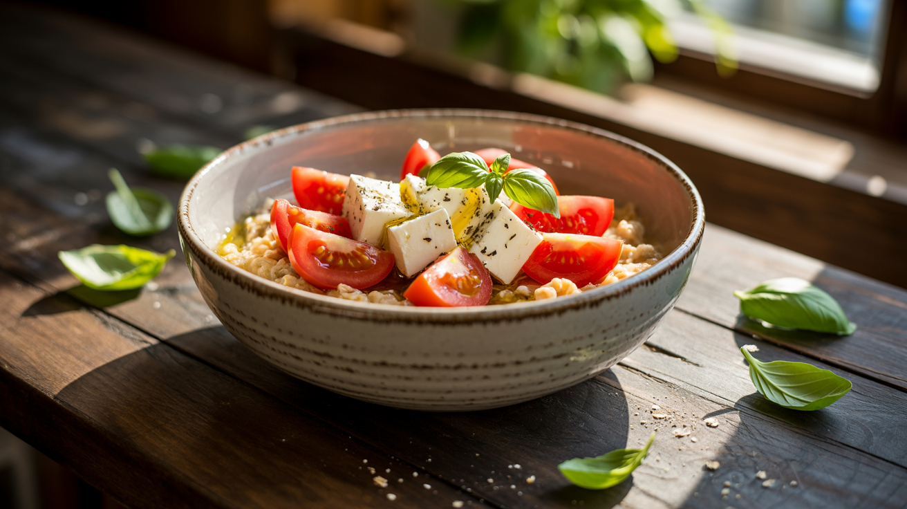 Herzhafte Hafer Bowl mit Tomaten und Feta