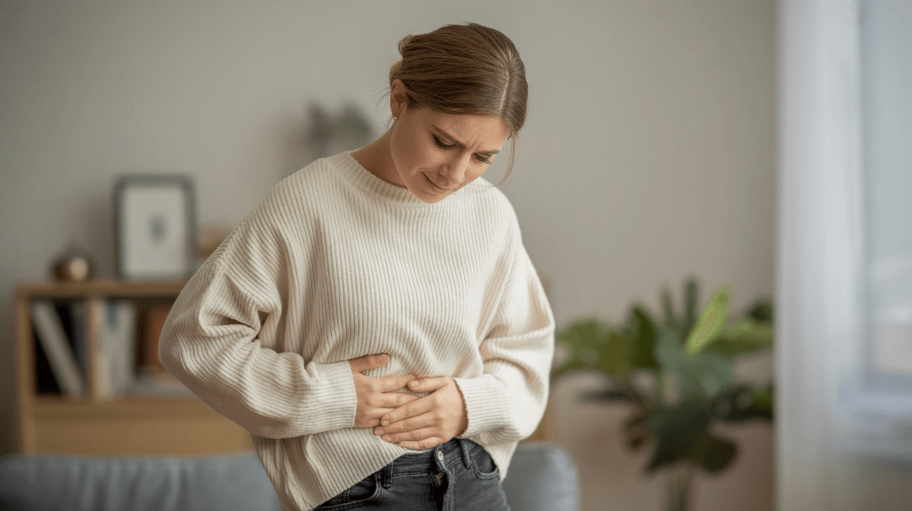 Person mit Bauchschmerzen durch schnelle Ballaststoffsteigerung Person hält sich den Bauch wegen Beschwerden durch zu schnelles Fibermaxxing